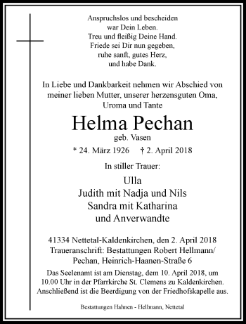 Traueranzeige von Helma Pechan von trauer.extra-tipp-moenchengladbach.de