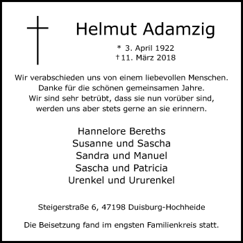 Traueranzeige von Helmut Adamzig von trauer.stadt-panorame.de