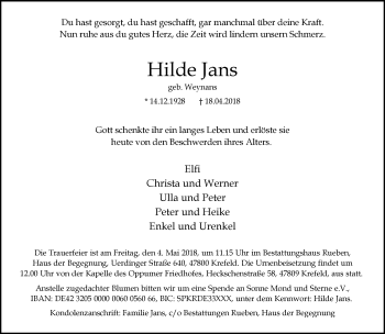 Traueranzeige von Hilde Jans von trauer.mein.krefeld.de