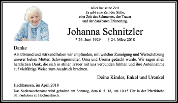 Traueranzeige von Johanna Schnitzler von trauer.stadt-kurier.de