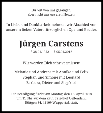 Traueranzeige von Jürgen Carstens von trauer.wuppertaler-rundschau.de