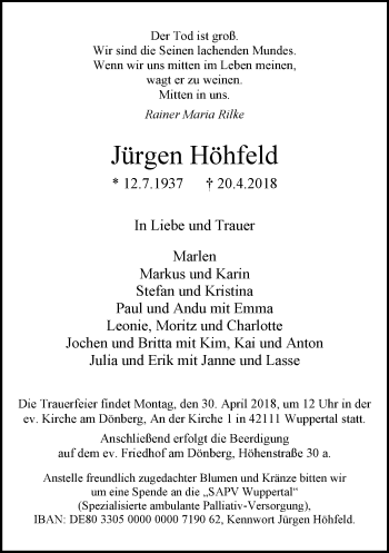 Traueranzeige von Jürgen Höhfeld von trauer.wuppertaler-rundschau.de