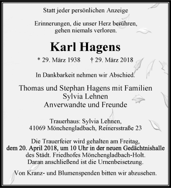 Traueranzeige von Karl Hagens von trauer.extra-tipp-moenchengladbach.de