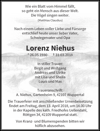 Traueranzeige von Lorenz Niehus von trauer.wuppertaler-rundschau.de