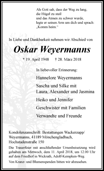 Traueranzeige von Oskar Weyermanns von trauer.extra-tipp-moenchengladbach.de