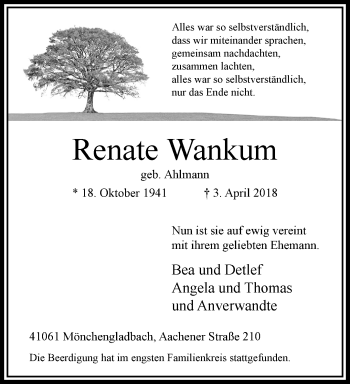 Traueranzeige von Renate Wankum von trauer.extra-tipp-moenchengladbach.de