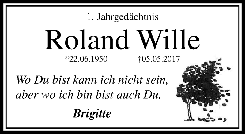  Traueranzeige für Roland Wille vom 06.05.2018 aus trauer.mein.krefeld.de