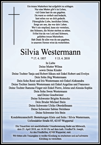 Traueranzeige von Silvia Westermann von trauer.wuppertaler-rundschau.de