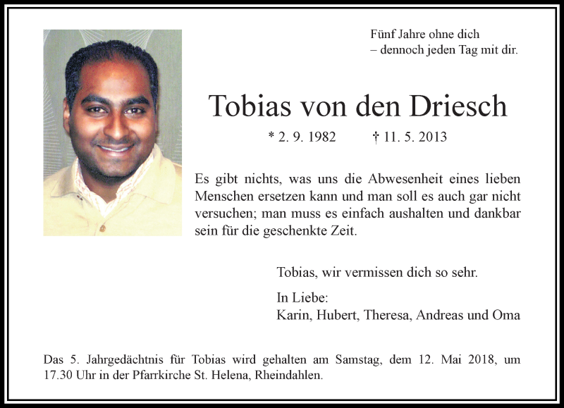  Traueranzeige für Tobias von den Driesch vom 06.05.2018 aus trauer.extra-tipp-moenchengladbach.de