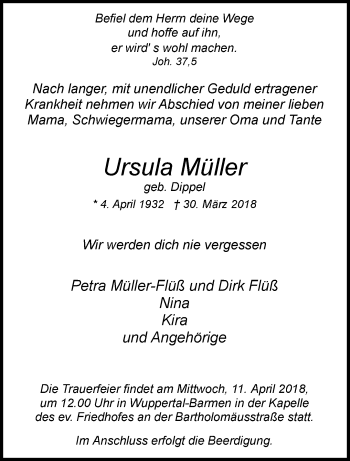 Traueranzeige von Ursula Müller von trauer.wuppertaler-rundschau.de