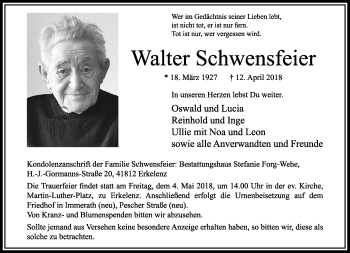 Traueranzeige von Walter Schwensfeier von trauer.extra-tipp-moenchengladbach.de