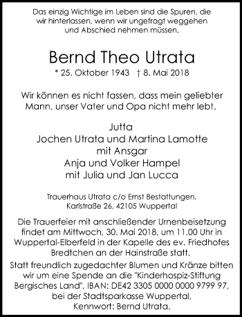 Traueranzeige von Bernd Theo Utrata von trauer.wuppertaler-rundschau.de