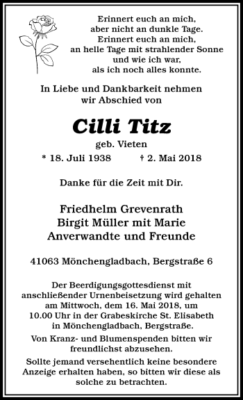 Traueranzeige von Cilli Titz von trauer.extra-tipp-moenchengladbach.de