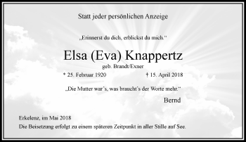 Traueranzeige von Elsa (Eva) Knappertz von trauer.extra-tipp-moenchengladbach.de