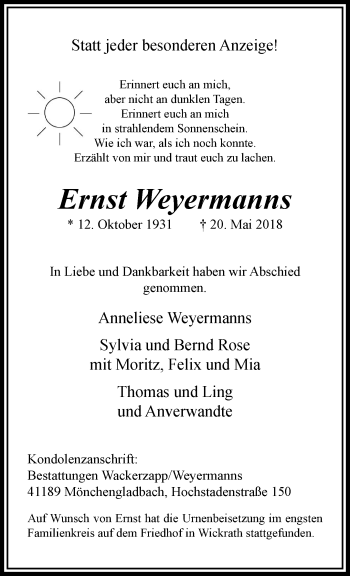 Traueranzeige von Ernst Weyermanns von trauer.extra-tipp-moenchengladbach.de