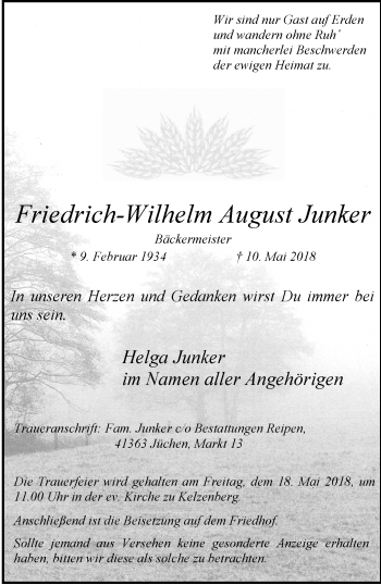 Traueranzeige von Friedrich-Wilhelm August Junker von trauer.stadt-kurier.de