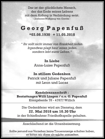 Traueranzeige von Georg Papenfuß von trauer.extra-tipp-moenchengladbach.de