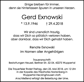 Traueranzeige von Gerd Exnowski von trauer.wuppertaler-rundschau.de