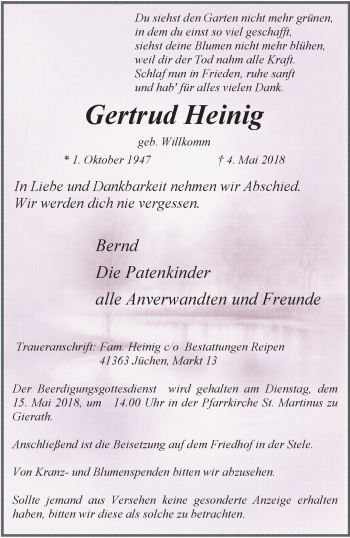 Traueranzeige von Gertrud Heinig von trauer.stadt-kurier.de