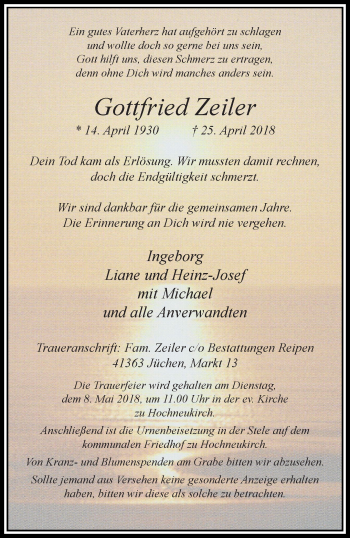 Traueranzeige von Gottfried Zeiler von trauer.stadt-kurier.de