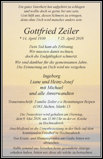 Traueranzeige von Gottfried Zeiler von trauer.extra-tipp-moenchengladbach.de