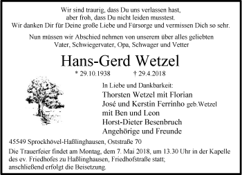 Traueranzeige von Hans-Gerd Wetzel von trauer.wuppertaler-rundschau.de