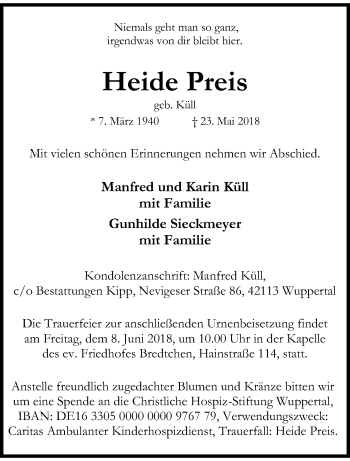 Traueranzeige von Heide Preis von trauer.wuppertaler-rundschau.de