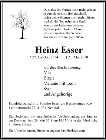 Traueranzeige von Heinz Esser von trauer.extra-tipp-moenchengladbach.de