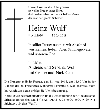 Traueranzeige von Heinz Wulf von trauer.wuppertaler-rundschau.de