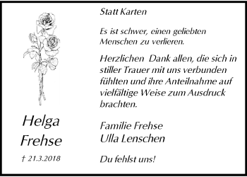 Traueranzeige von Helga Frehse von trauer.wuppertaler-rundschau.de