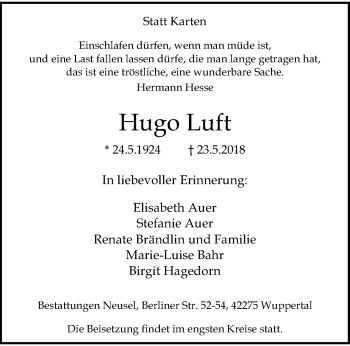 Traueranzeige von Hugo Luft von trauer.wuppertaler-rundschau.de