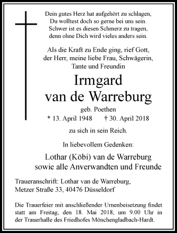 Traueranzeige von Irmgard van de Warreburg von trauer.extra-tipp-moenchengladbach.de