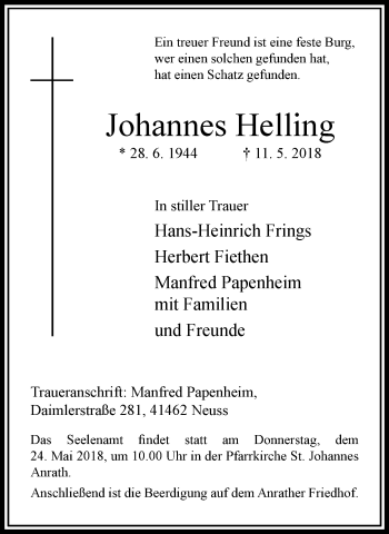 Traueranzeige von Johannes Helling von trauer.extra-tipp-moenchengladbach.de