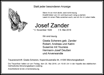 Traueranzeige von Josef Zander von trauer.extra-tipp-moenchengladbach.de