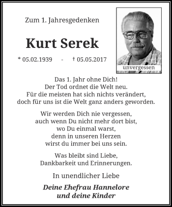 Traueranzeige von Kurt Serek von trauer.wuppertaler-rundschau.de