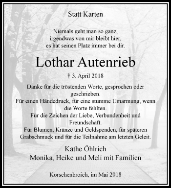 Traueranzeige von Lothar Autenrieb von trauer.extra-tipp-moenchengladbach.de