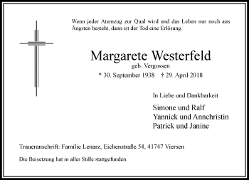 Traueranzeige von Margarete Westerfeld von trauer.extra-tipp-moenchengladbach.de