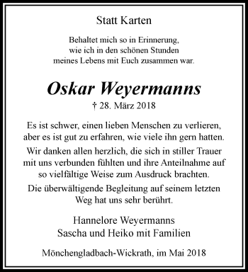 Traueranzeige von Oskar Weyermanns von trauer.extra-tipp-moenchengladbach.de