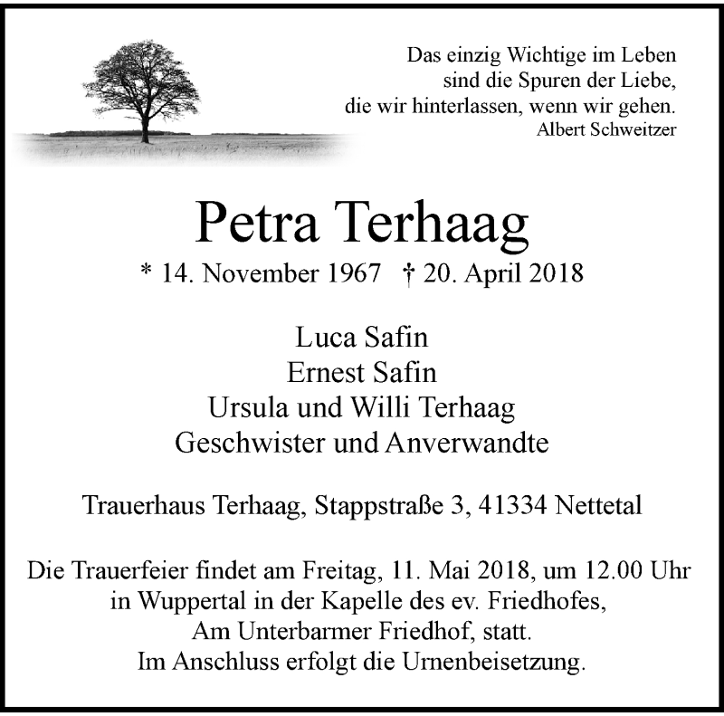  Traueranzeige für Petra Terhaag vom 05.05.2018 aus trauer.wuppertaler-rundschau.de