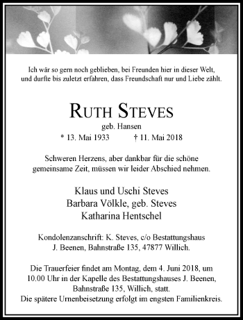 Traueranzeige von Ruth Steves von trauer.extra-tipp-moenchengladbach.de