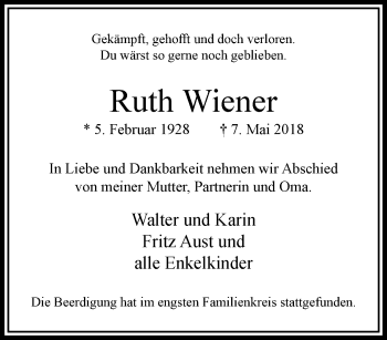 Traueranzeige von Ruth Wiener von trauer.extra-tipp-moenchengladbach.de