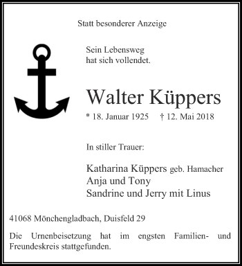 Traueranzeige von Walter Küppers von trauer.extra-tipp-moenchengladbach.de