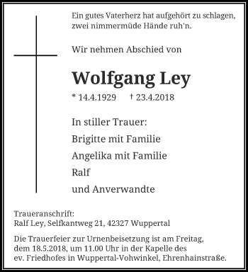 Traueranzeige von Wolfgang Ley von trauer.wuppertaler-rundschau.de