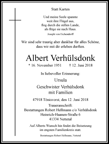 Traueranzeige von Albert Verhülsdonk von trauer.extra-tipp-moenchengladbach.de