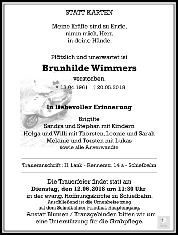 Traueranzeige von Brunhilde Wimmers von trauer.extra-tipp-moenchengladbach.de