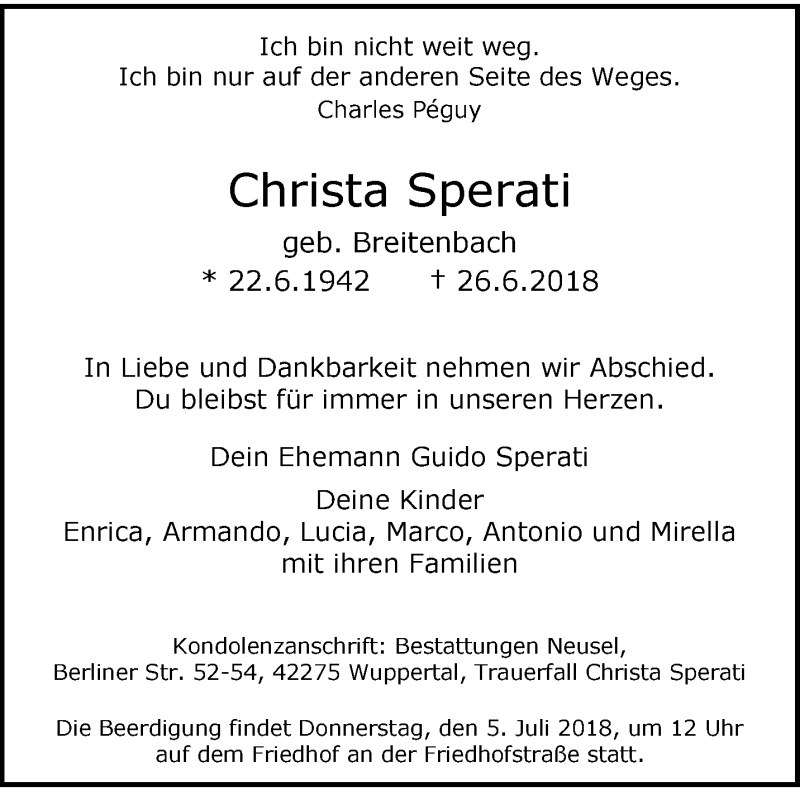  Traueranzeige für Christa Sperati vom 30.06.2018 aus trauer.wuppertaler-rundschau.de