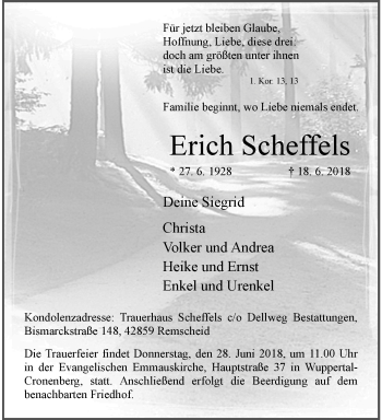 Traueranzeige von Erich Scheffels von trauer.wuppertaler-rundschau.de