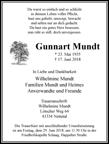 Traueranzeige von Gunnart Mundt von trauer.extra-tipp-moenchengladbach.de