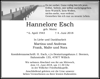 Traueranzeige von Hannelore Esch von trauer.extra-tipp-moenchengladbach.de