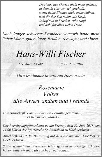 Traueranzeige von Hans-Willi Fischer von trauer.stadt-kurier.de